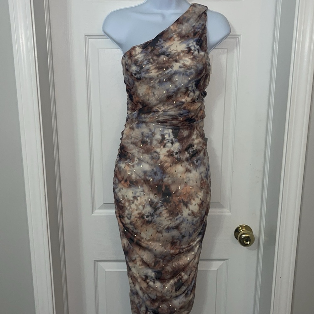 One-Shoulder gold flecked cockta dress